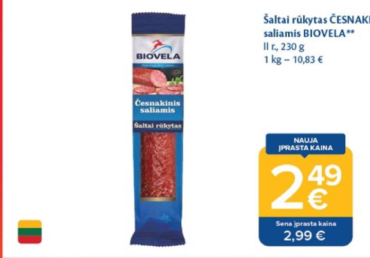Šaltai rūkytas ČESNAKINIS saliamis BIOVELA, 230 g
