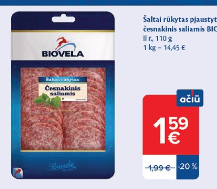 Šaltai rūkytas pjaustytas česnakinis saliamis BIOVELA, 110 g