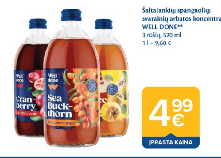 Šaltalankių; spanguolių; svarainių arbatos koncentratas WELL DONE, 520 ml