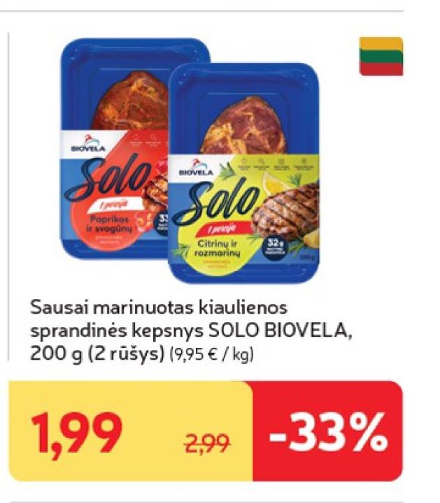 Sausai marinuotas kiaulienos sprandinės kepsnys SOLO BIOVELA, 200 g