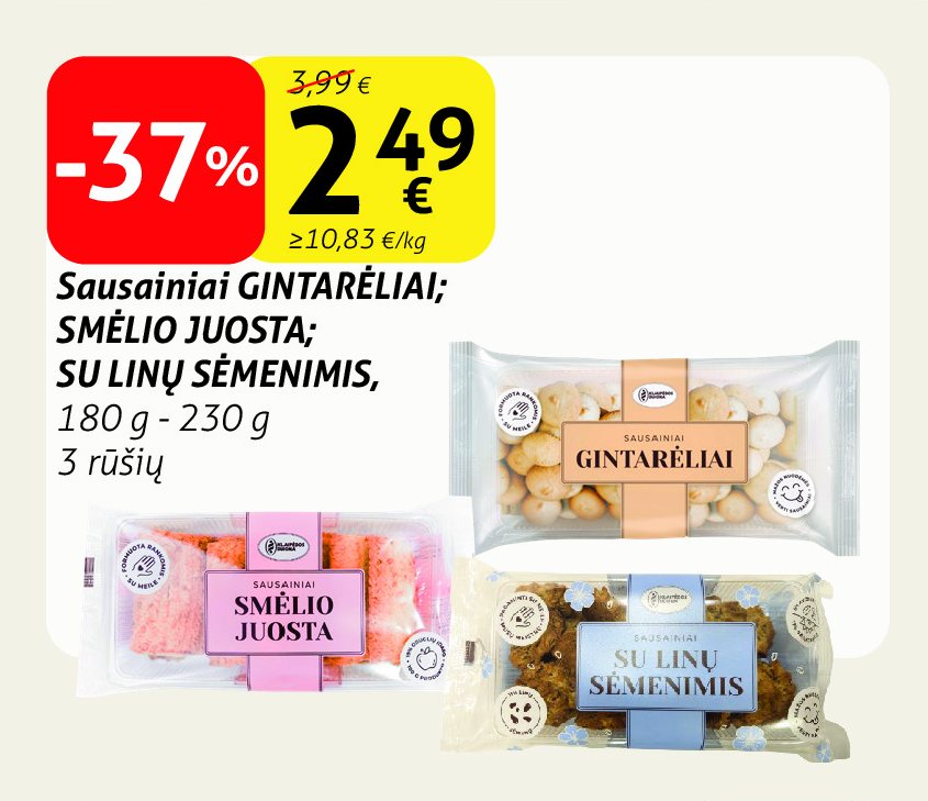 Sausainiai GINTARĖLIAI; SMĖLIO JUOSTA; SU LINŲ SĖMENIMIS, 180 g - 230 g