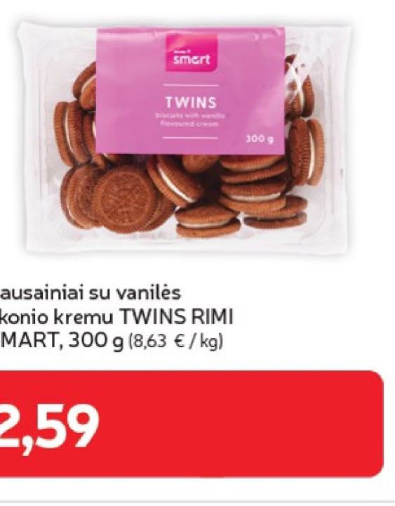 Sausainiai su vanilės skonio kremu TWINS RIMI SMART, 300 g
