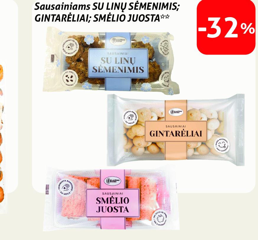 Sausainiams SU LINŲ SĖMENIMIS; GINTARĖLIAI; SMĖLIO JUOSTA