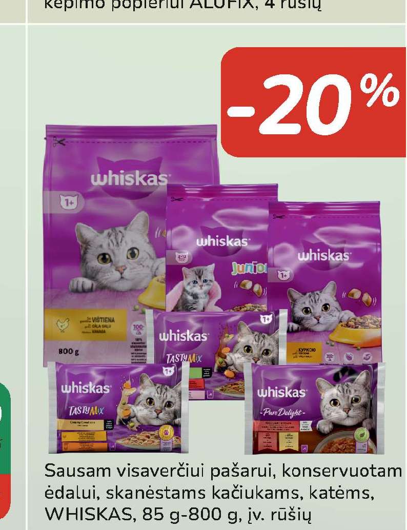 Sausam visavertčiui pašarui, konservuotam ėdalui, skanėstams kačiukams, katėms, WHISKAS, 85 g-800 g