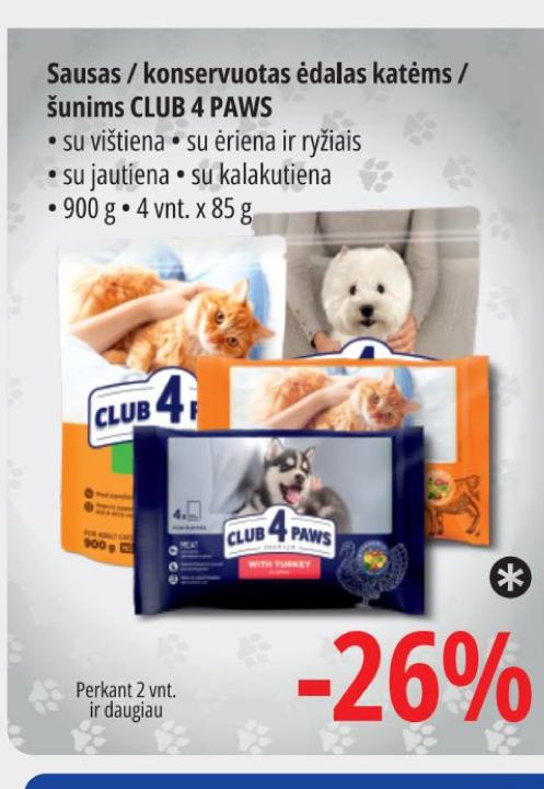 Sausas / konservuotas ėdalas katėms / šunims CLUB 4 PAWS, 900 g