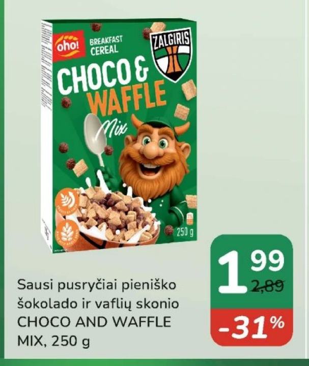 Sausi pusryčiai pieniško šokolado ir vaflių skonio CHOCO AND WAFFLE MIX, 250 g
