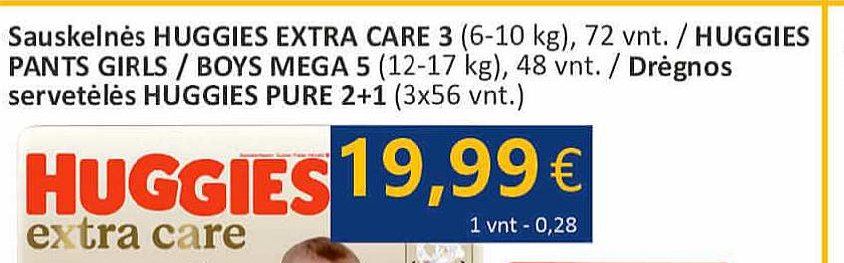 Sauskelnės HUGGIES EXTRA CARE 3 (6-), 10 kg