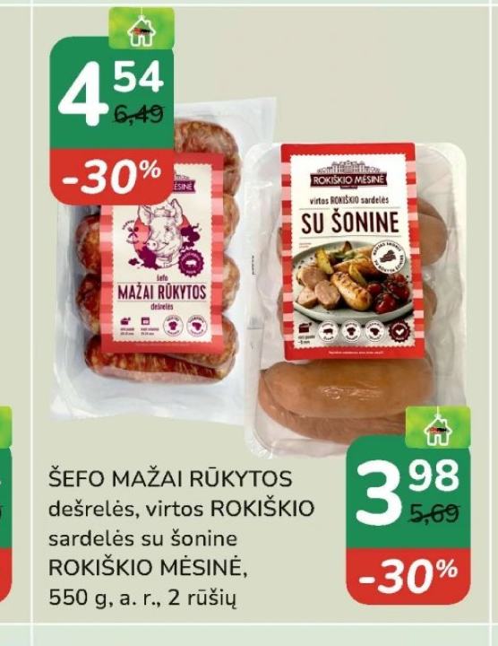 ŠEFŲ MAŽAI RŪKYTOS dešrelės, virtos ROKIŠKIO sardelės su šonine ROKIŠKIO MĖSINĖ, 550 g