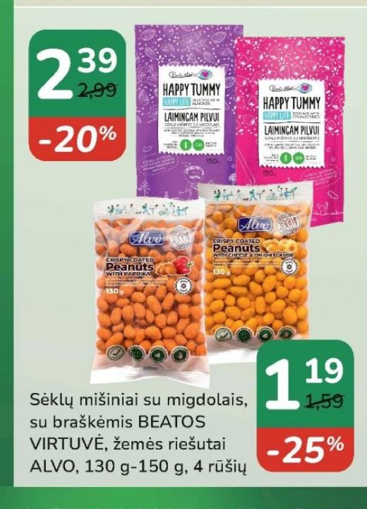 Sėklų mišiniai su migdolais, su braškėmis BEATOS VIRTUVĖ, žemės riešutai ALVO, 130 g-150 g