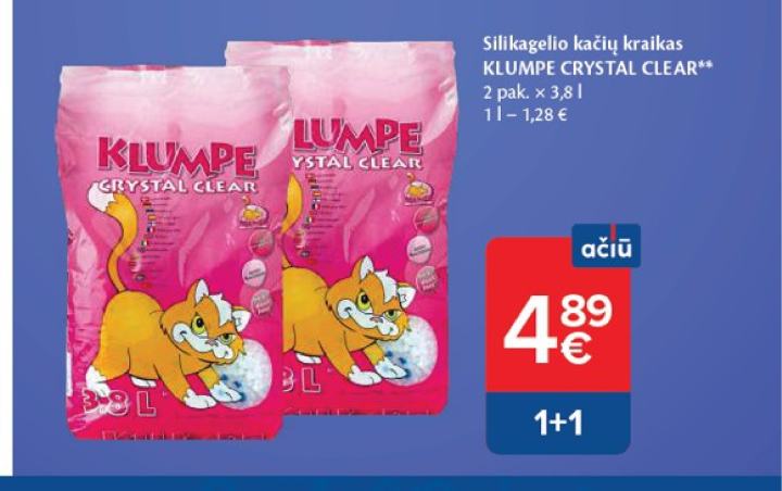 Silikagelio kačių kraikas KLUMPE CRYSTAL CLEAR, 2 pak.
