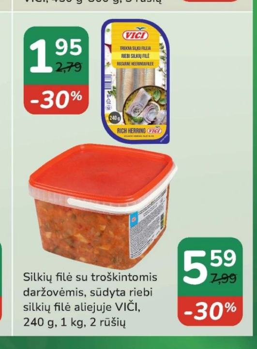 Silkių filė su troškintomis daržovėmis, sūdyta riebi silkių filė aliejuje VIČI, 240 g