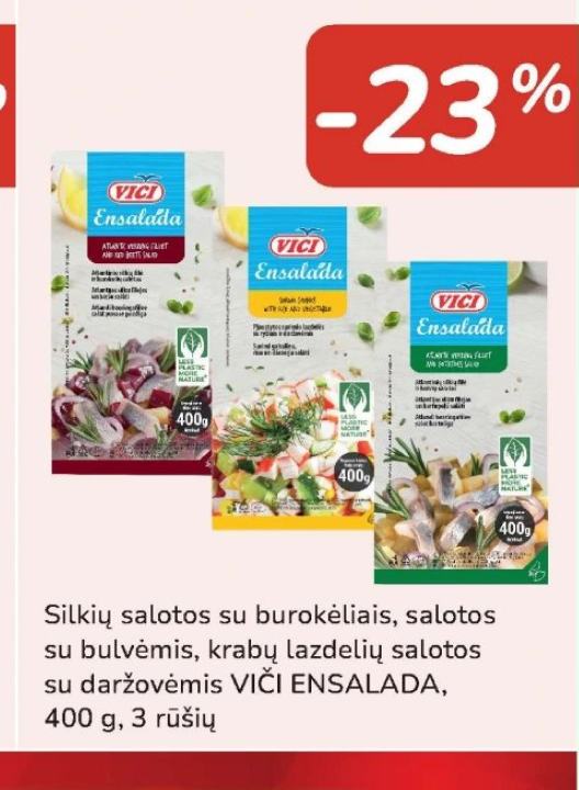 Silkių salotos su burokėliais, salotos su bulvėmis, krabų lazdelių salotos su daržovėmis VIČI ENSALADA, 400 g