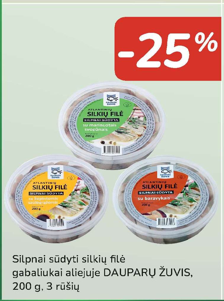 Silpnai sūdyti silkių filė gabaliukai aliejuje DAUPARŲ ŽUVIS, 200 g