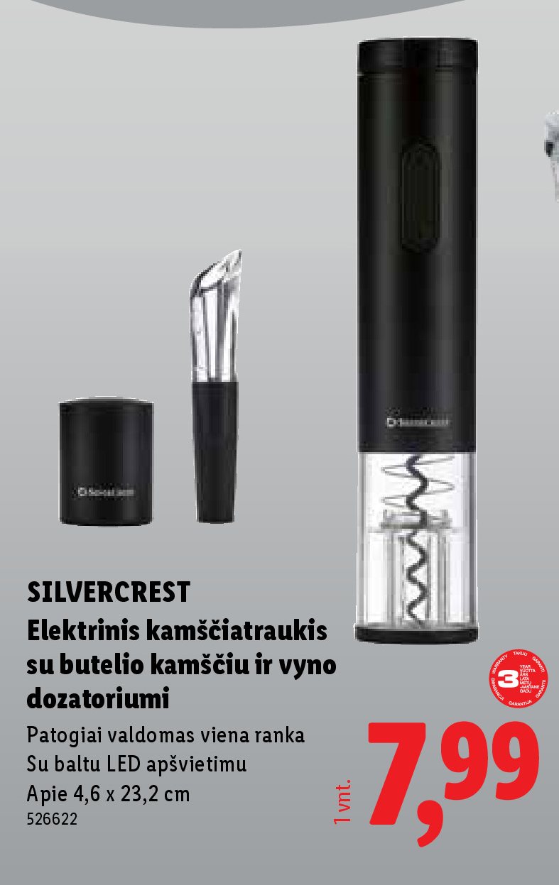 SILVERCREST Elektrinis kamščiatraukis su butelio kamščiu ir vyno dozatoriumi, 4.6 x 23.2 cm