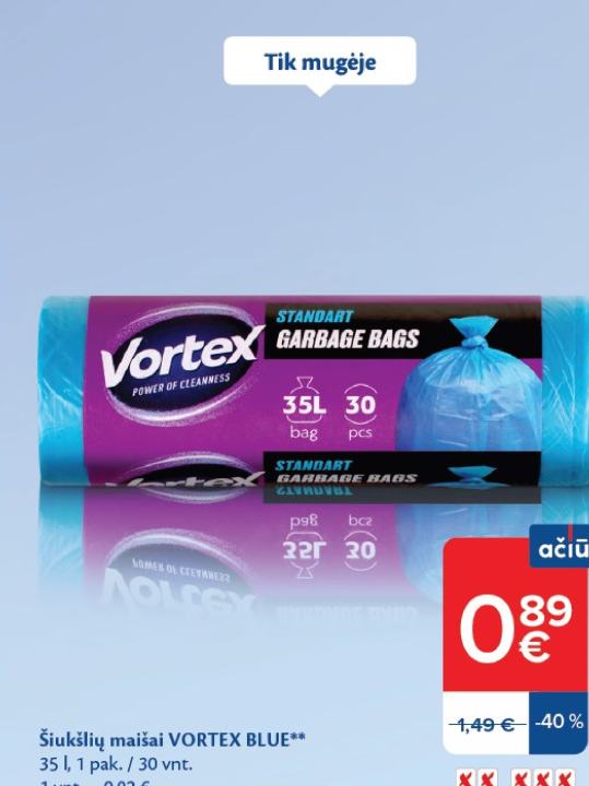 Šiukšlių maišai VORTEX BLUE, 35 l