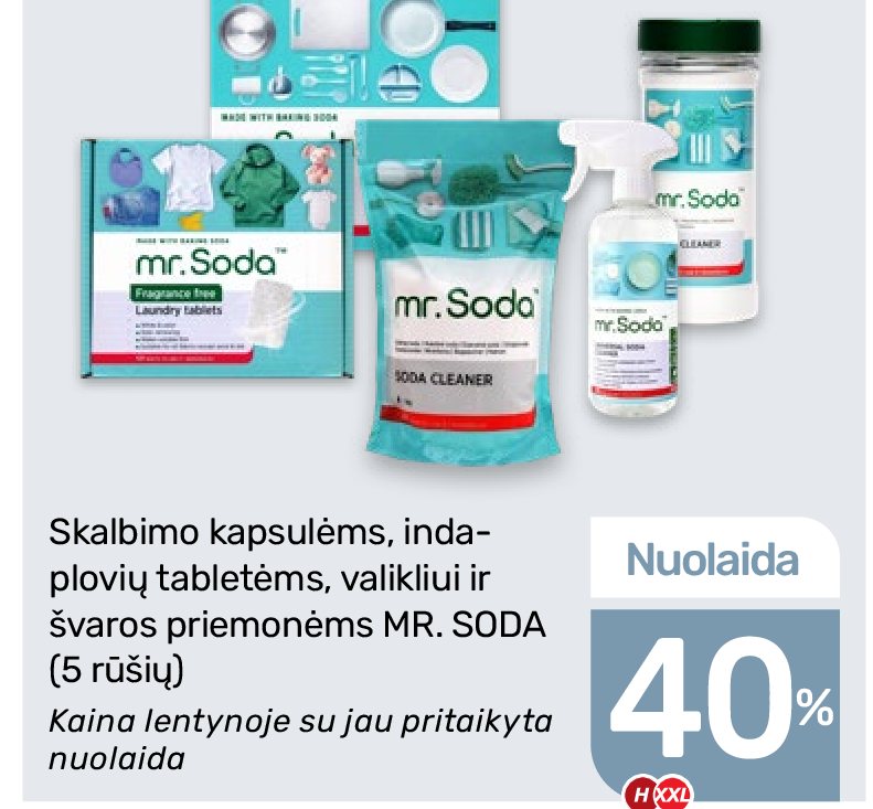 Skalbimo kapsulėms, indaplovių tabletėms, valikliui ir švaros priemonėms MR. SODA