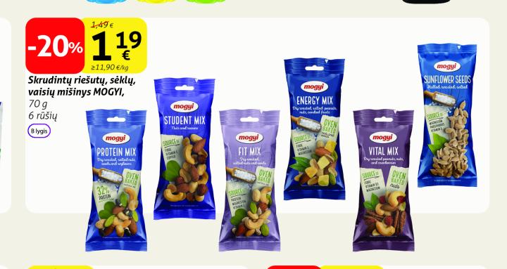 Skrudintų riešutų, sėklų, vaisių mišinys MOGYI, 70 g