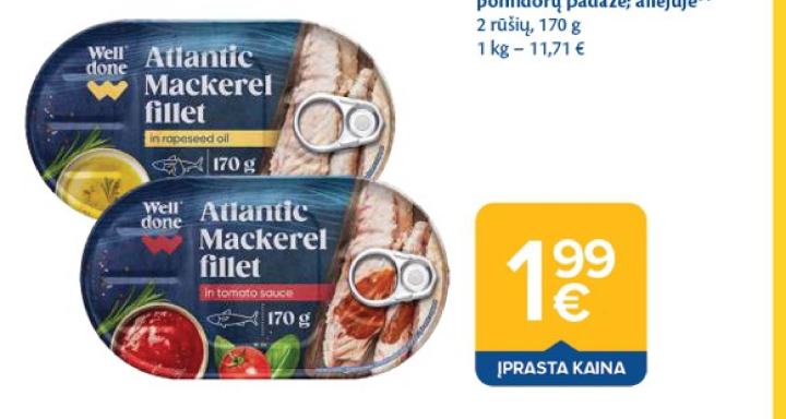 Skumbrių filė WELL DONE pomidorų padaže; aliejuje, 170 g