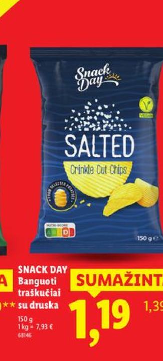 SNACK DAY Banguoti traškučiai su druska, 150 g