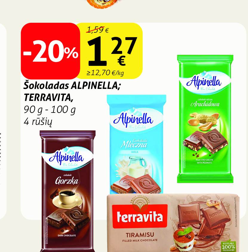 Šokoladas ALPINELLA; TERRAVITA, 90 g - 100 g