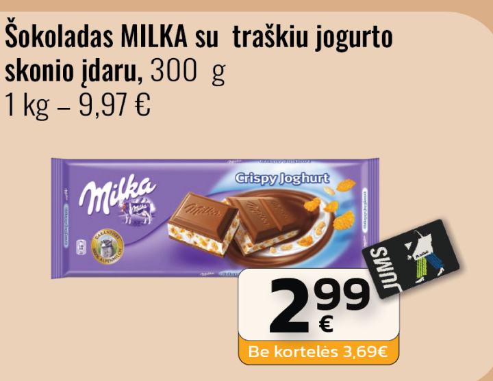 Šokoladas MILKA su traškiu jogurto skonio įdaru, 300 g
