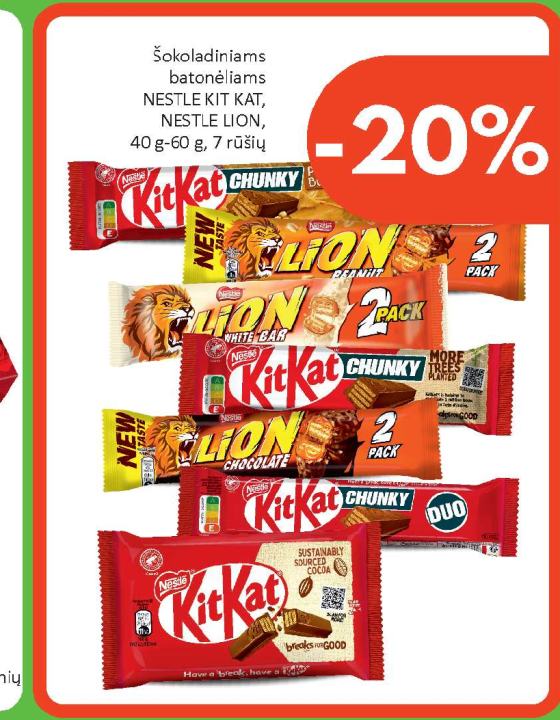 Šokoladiniai batonėliai NESTLE KIT KAT, NESTLE LION, 40 g-60 g