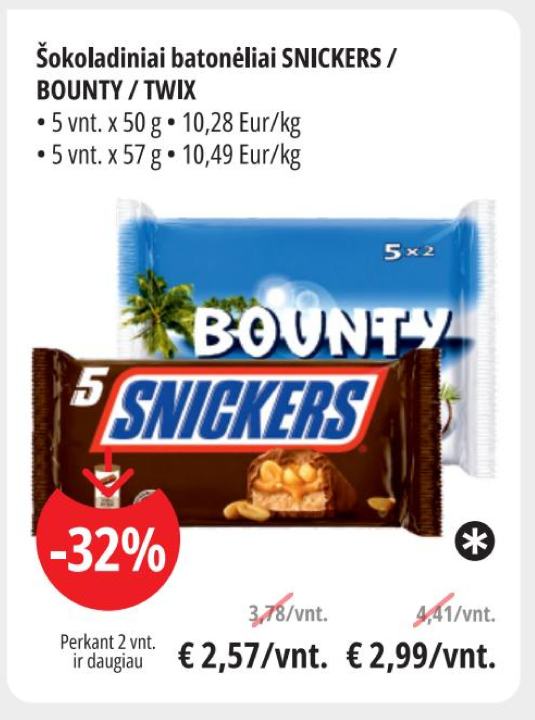 Šokoladiniai batonėliai SNICKERS / BOUNTY / TWIX, 5 vnt