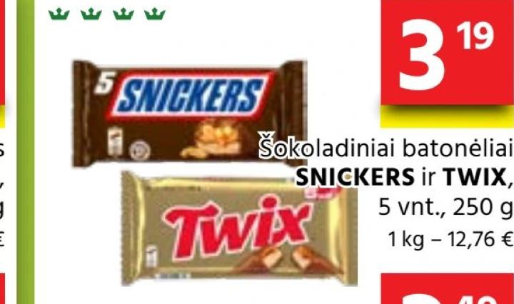 Šokoladiniai batonėliai SNICKERS ir TWIX, 5 vnt