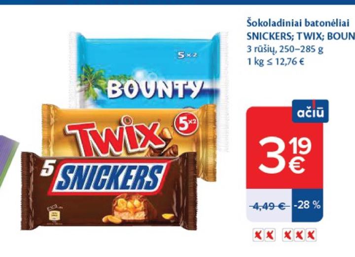 Šokoladiniai batonėliai SNICKERS; TWIX; BOUNTY, 285 g