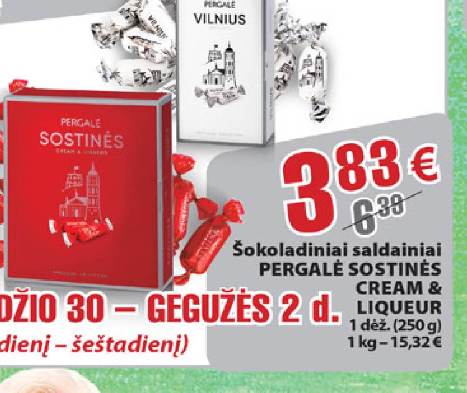 Šokoladiniai saldainiai PERGALĖ SOSTINĖS CREAM & LIQUEUR, 250 g