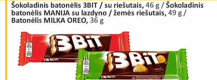 Šokoladinis batonėlis 3BIT / su riešutais, 46 g