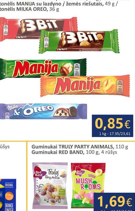 Šokoladinis batonėlis 3BIT / su riešutais, / Šokoladinis batonėlis MANIJA su lazdyo / žemės riešutais, 49 g / Batonėlis MILKA OREO, 36 g, 46 g
