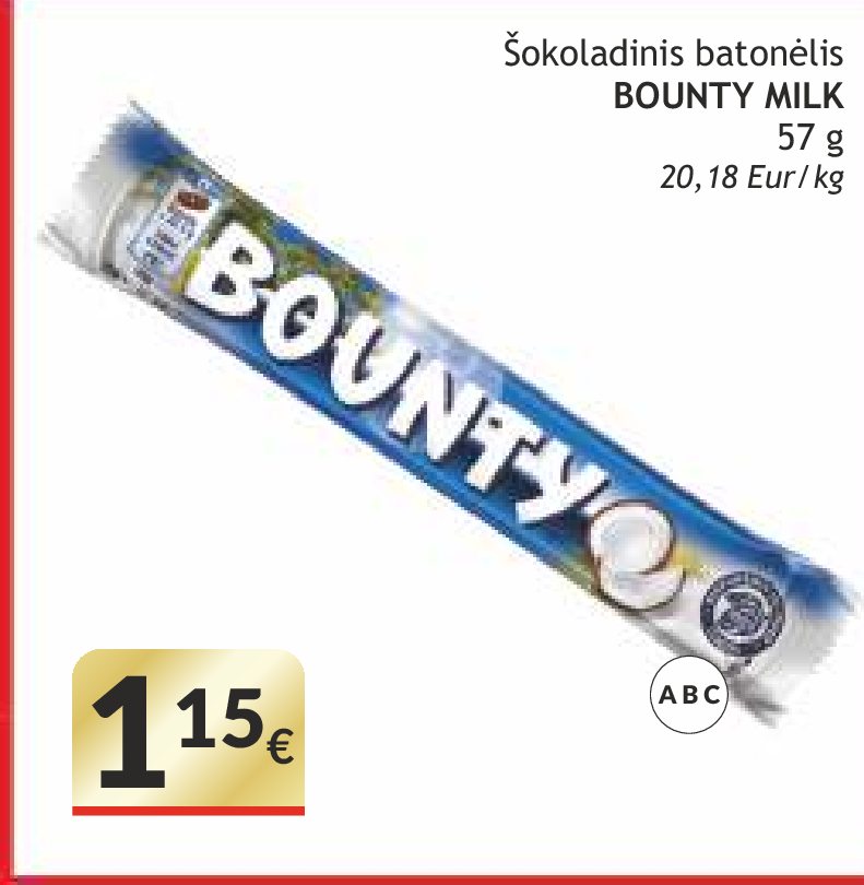 Šokoladinis batonėlis BOUNTY MILK, 57 g