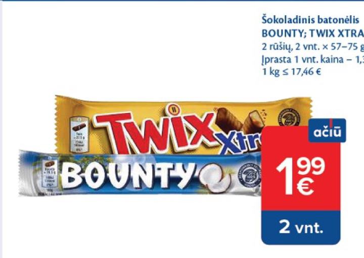 Šokoladinis batonėlis BOUNTY; TWIX XTRA, 2 vnt