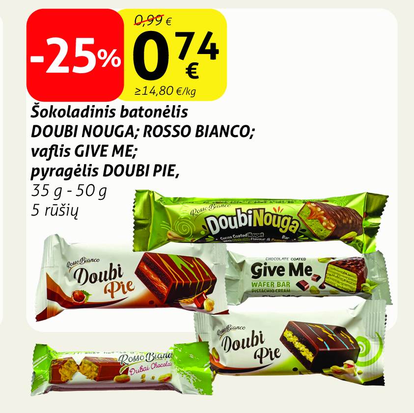 Šokoladinis batonėlis DOUBI NOUGA; ROSSO BIANCO; vaflis GIVE ME; pyragėlis DOUBI PIE, 35 g - 50 g