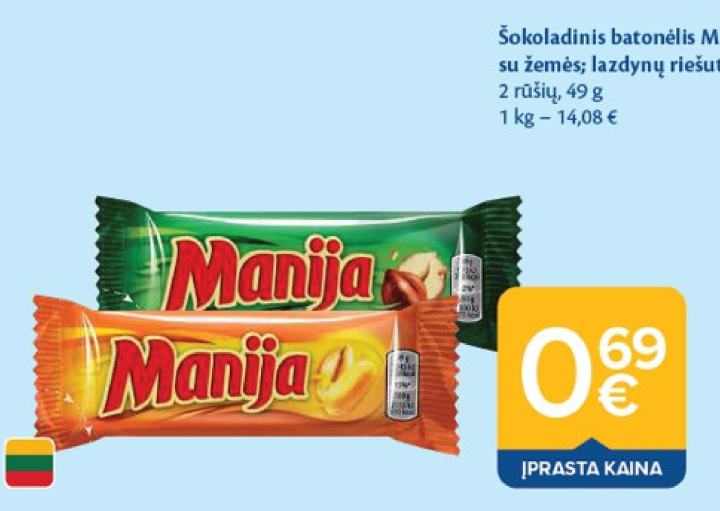 Šokoladinis batonėlis MANIJA su žemės; lazdynų riešutais, 49 g