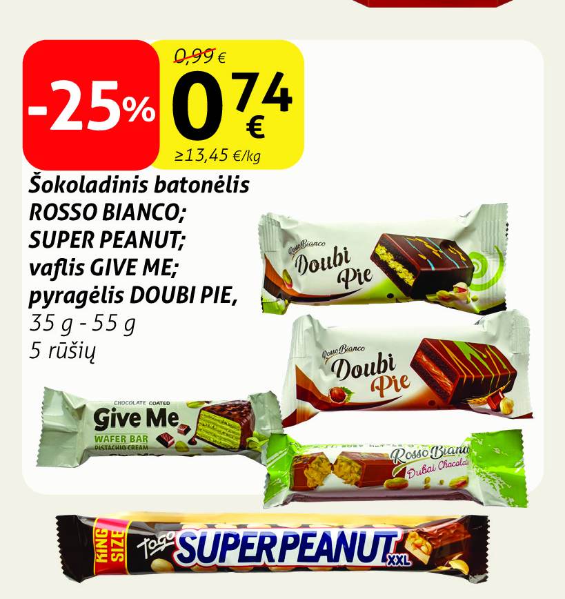Šokoladinis batonėlis ROSSO BIANCO; SUPER PEANUT; vaflis GIVE ME; pyragėlis DOUBI PIE, 35 g - 55 g