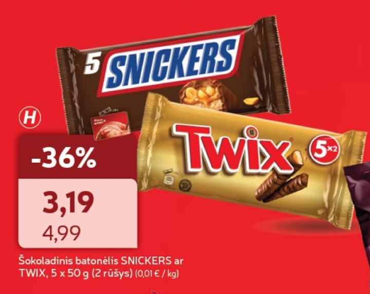 Šokoladinis batonėlis SNICKERS ar TWIX, 5 x 50 g