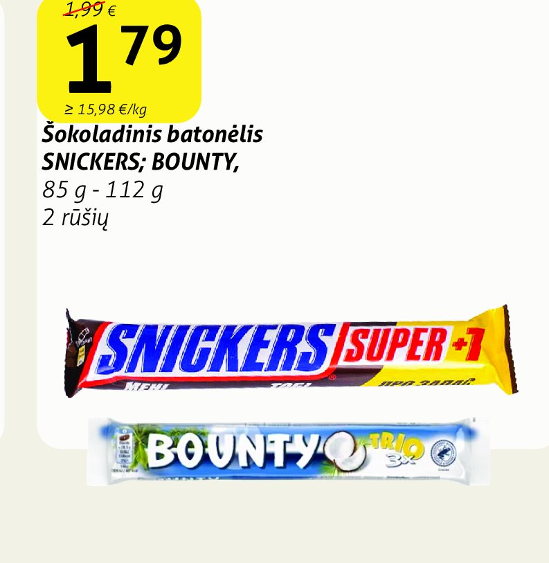 Šokoladinis batonėlis SNICKERS; BOUNTY, 85 g - 112 g