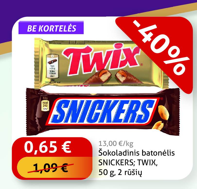 Šokoladinis batonėlis SNICKERS; TWIX, 50 g