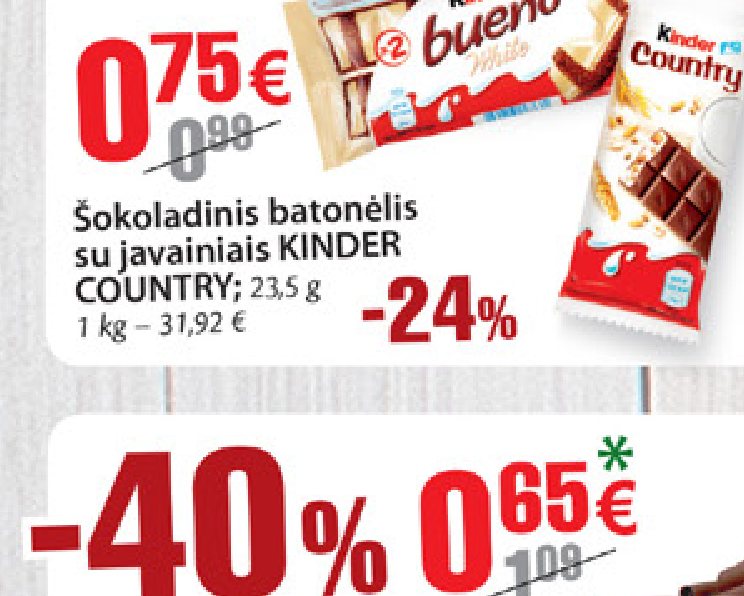 Šokoladinis batonėlis su javainiais KINDER COUNTRY, 23.5 g