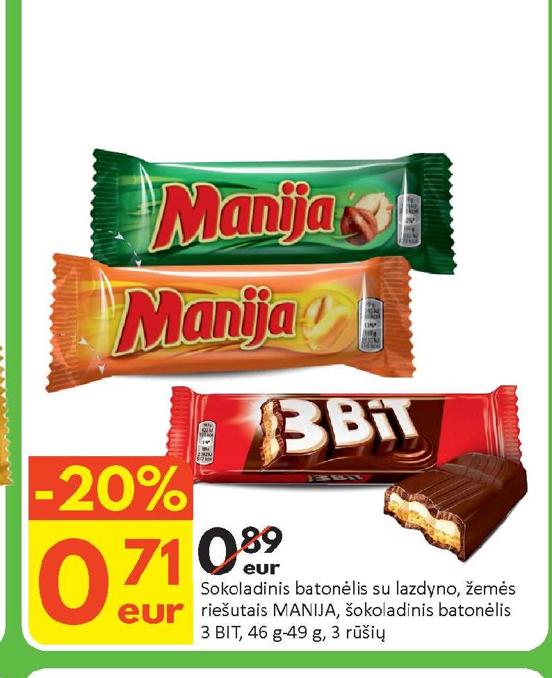 Šokoladinis batonėlis su lazdyno, žemės riešutais MANIJA, šokoladinis batonėlis 3 BIT, 46 g-49 g
