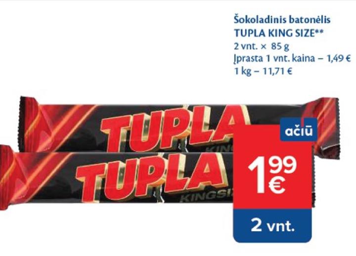 Šokoladinis batonėlis TUPLA KING SIZE, 2 vnt