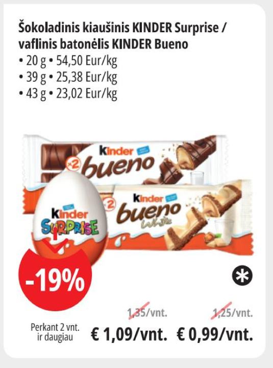 Šokoladinis kiaušinis KINDER Surprise / vafllinis batonėlis KINDER Bueno, 20 g