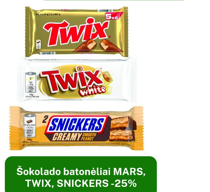 Šokolado batonėliai MARS, TWIX, SNICKERS