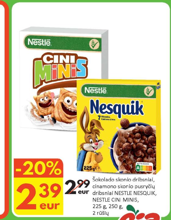 Šokolado skonio dribsniai, cinamono skonio pusryčių dribsniai NESTLE NESQUIK, NESTLE CINI MINIS, 225 g
