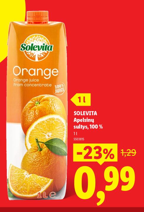 SOLEVITA Apelsinų sultys, 100 %, 1 l