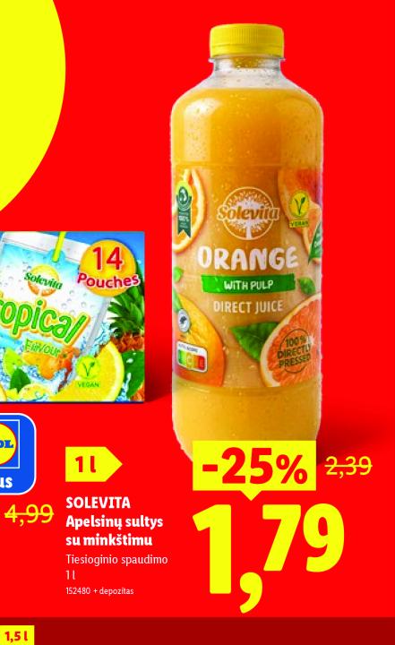 SOLEVITA Apelsinų sultys su minkštimu, 1 l