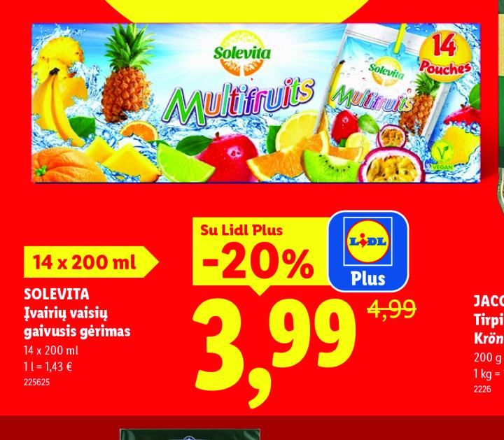 SOLEVITA Įvairių vaisių gaivusis gėrimas, 14 x 200 ml