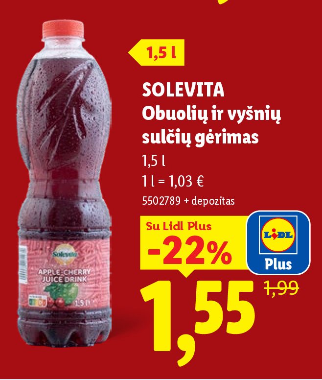SOLEVITA Obuolių ir vyšnių sulčių gėrimas, 1.5 l